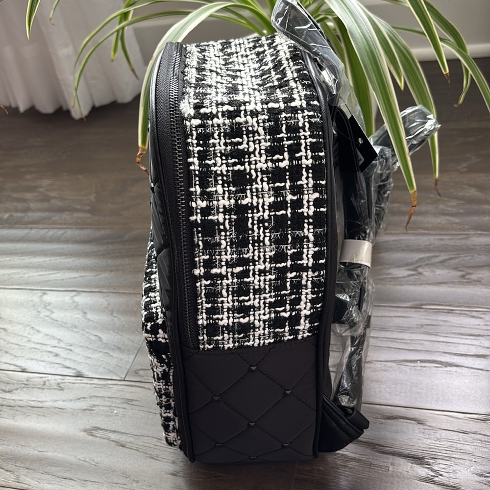 BADGLEY MISCHKA Big Diamond Quilted vegan Leather Nylon Backpack w/studs B&W - Picture 3 of 13
